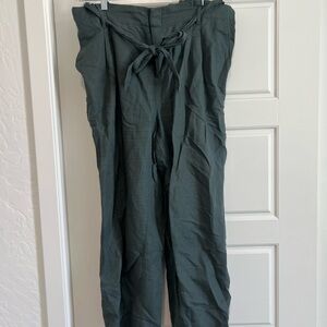 Dark Green Paper Bag Tie-Waist Pants